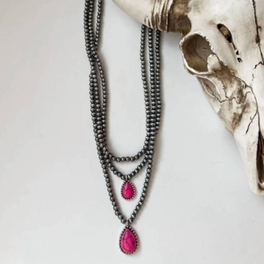 NEW BOHO RANCH women's multi-layer navajo bead & teardrop stone necklace in fuch